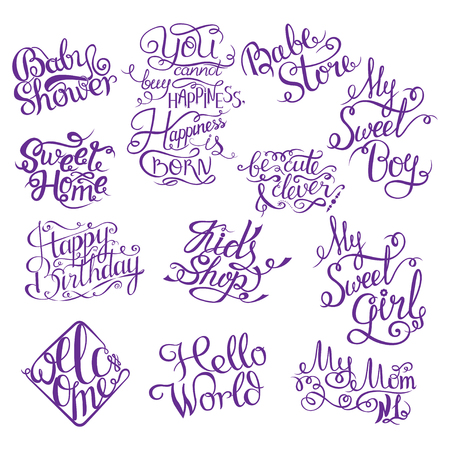Set for Baby shower. Hand drawn phrases for design shower invitations, posters and cardsのイラスト素材