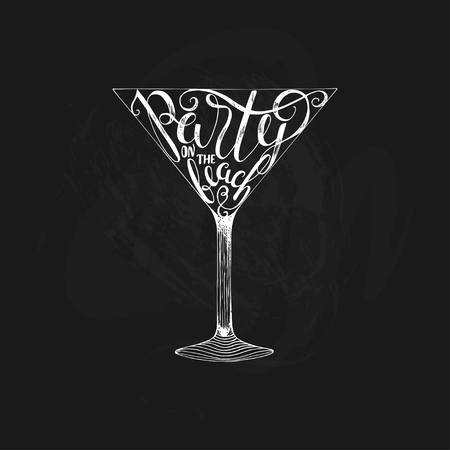 Summer calligraphic lettering. Cocktail glass silhouette Isolated vector illustration.のイラスト素材