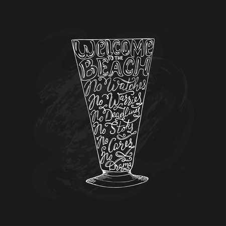 Summer calligraphic lettering. Cocktail glass silhouette Isolated vector illustration. Design element for summer season cards, t-shirts, menu illustrations, chalkboard letteringのイラスト素材