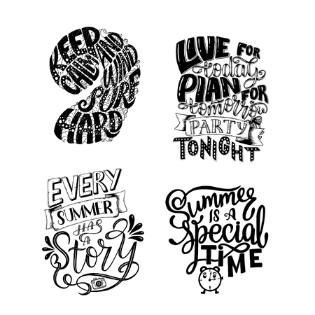Vector illustration Set Brush lettering composition of Summer quotes on white background. Summer lettering for cards, posters, prints and moreのイラスト素材