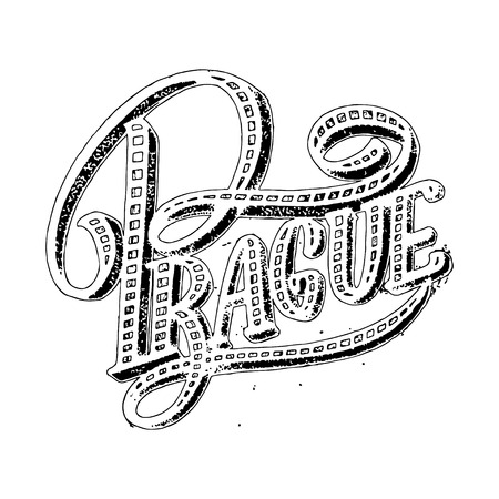 Prague modern hand written brush lettering, isolated on white background. Ink calligraphy. Capital of Czech Republic. Tee shirt print, typography card, poster design.のイラスト素材