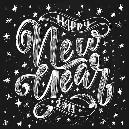 Happy New Year hand drawn lettering for card. Vector illustration.のイラスト素材