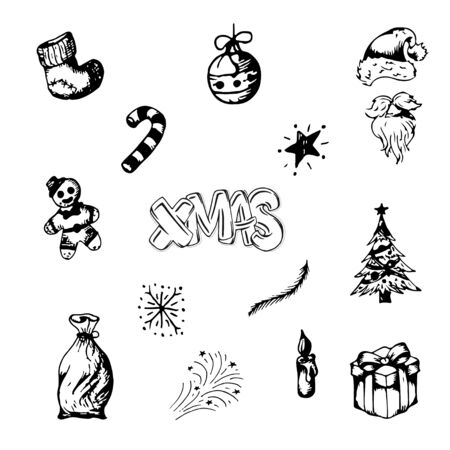 Set of Vintage Merry Christmas And Happy New Year Elements. Hand drawn line art. Vectorのイラスト素材