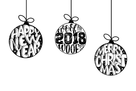 Decorative hand-drawn lettering on Christmas Ball. Handwritten phrase Merry Christmas on isolated white background.のイラスト素材