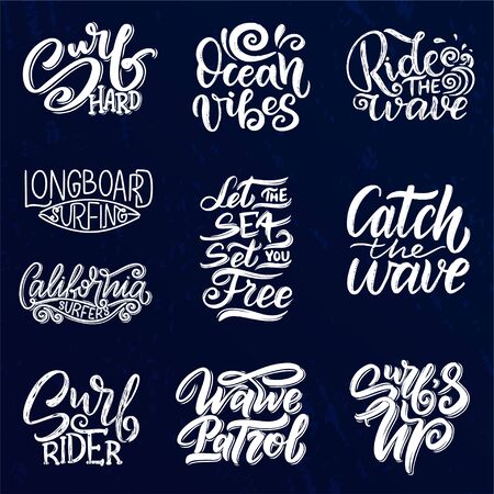 Set of Surf lettering quotes for posters, prints, cards. Surfing related textile design. Vector vintage illustration.のイラスト素材
