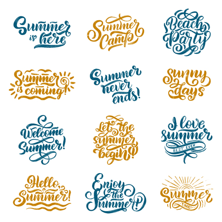 Vector hand drawn set with lettering about Summer. Isolated calligraphy for travel agency, beach party. Great design for postcard, print or poster.のイラスト素材
