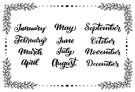 Handwritten names of months: December, January, February, March, April, May, June, July, August September October November Calligraphy words for calendars and organizersのイラスト素材