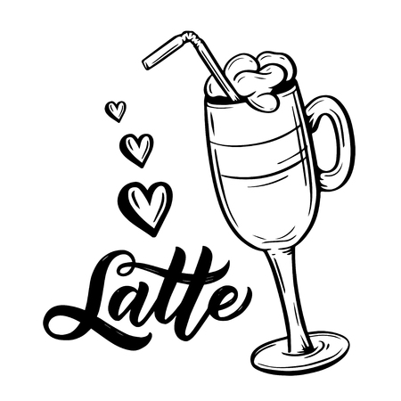Hand lettering name of coffee with sketches for coffee shop or cafe. Hand drawn vintage typography collection isolated on white background. Vectorのイラスト素材