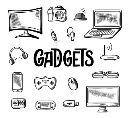 Different computer gadgets icon. Doodle vector illustration isolated on white background. Hand drawn sketch drawing, electronic laptop, video camera, wi fi, smart watches and more. Vectorのイラスト素材