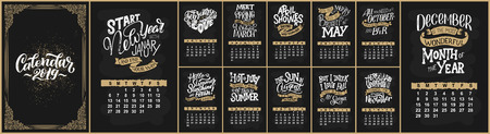 Vector calendar for months 2 0 1 9. Hand drawn lettering quotes for calendar design, Hand drawn style, vector illustrationの写真素材