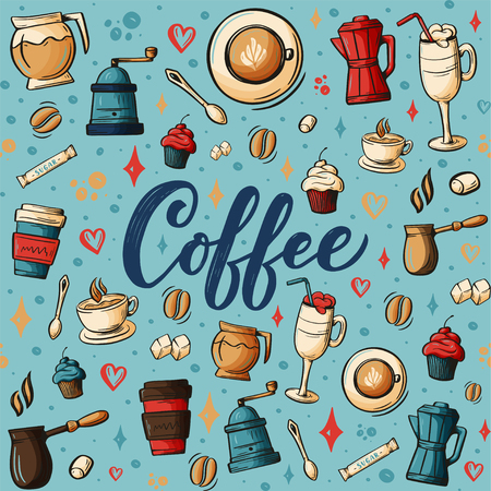 Cartoon hand-drawn doodles on the subject of cafe, coffee shop theme seamless pattern. Colorful detailed, with lots of objects vector background. Sketch elements for you design.のイラスト素材