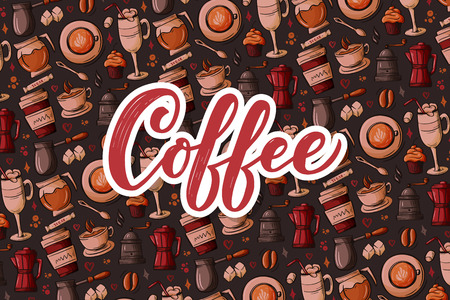 Hand lettering ellements in sketch style for coffee shop or cafe. Hand drawn vintage cartoon design, isolated on background. Vectorのイラスト素材