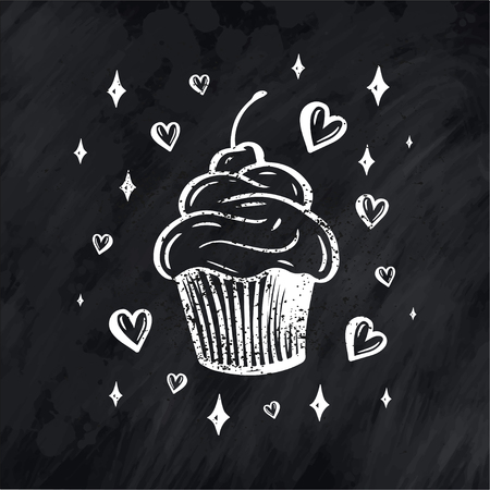 Hand drawn vanilla cupcake with cherry on top, line art food sketches, isolated on white background. Vector illustration.のイラスト素材