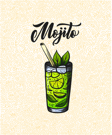 Lettering name of cocktail with glass. Template for card banner and poster for bar menu and restaurant. Vector illustrationのイラスト素材