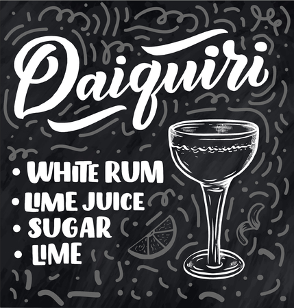 Lettering name of cocktail with glass. Template for card banner and poster for bar menu and restaurant. Vector illustrationのイラスト素材