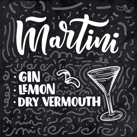 Lettering name of cocktail with glass. Template for card banner and poster for bar menu and restaurant. Vector illustrationのイラスト素材