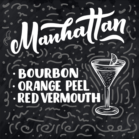 Lettering name of cocktail with glass. Template for card banner and poster for bar menu and restaurant. Vector illustrationのイラスト素材