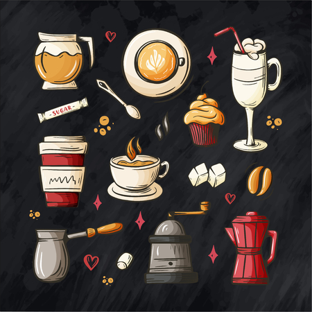 Hand lettering ellements in sketch style for coffee shop or cafe. Hand drawn vintage cartoon design, isolated on background. Vectorのイラスト素材