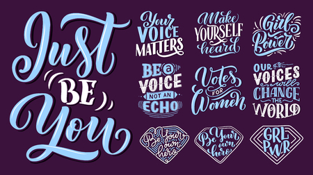 Set of lettering quotes about woman voice and girl power. Calligraphy inspiration graphic design typography element. Hand written postcard. Cute simple vector sign hand drawn style. Textile print. Vectorのイラスト素材
