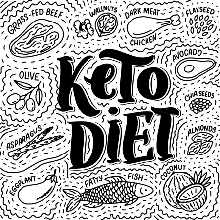 Sketch lettering with keto diet doodle elements for concept design. Hand drawn vector illustration. Food for Ketogenicのイラスト素材