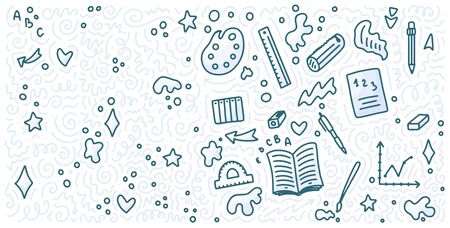 Welcome back to school doodle background. Template for sale banner. Hand drawn elements. Education concept. Typography emblem. Vector illustrationのイラスト素材