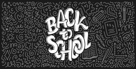 Welcome back to school lettering quote and doodle background. Template for sale tag. Hand drawn badge. Education concept Typography emblem. Vector illustrationのイラスト素材