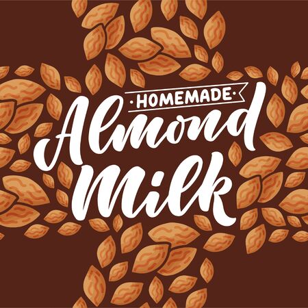 Almond milk lettering for banner, logo and packaging design. Organic nutrition healthy food. Phrase about dairy product. Vectorのイラスト素材