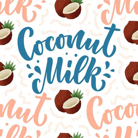 Seamless pattern with Coconut milk lettering for banner, background, logo and packaging design. Organic nutrition healthy food. Phrase about dairy product. Vectorのイラスト素材