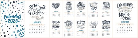 Modern typography lettering compositions. 2020 calendar with funny motivation quotes. Hand drawn colorful illustrations. Trendy slogan, vector graphicのイラスト素材