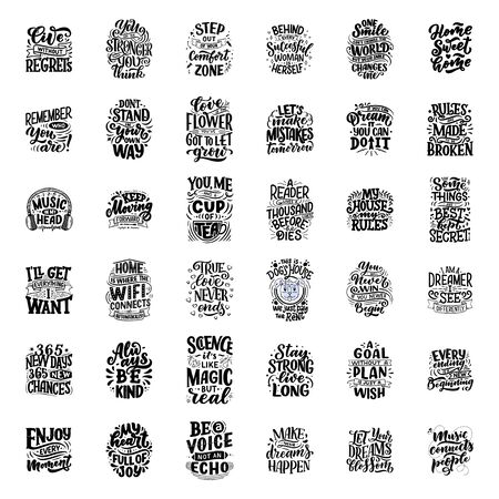 Set with fun slogans for concept design. Hand drawn illustrations. Modern calligraphy quotes. Typography tee print design. Cute lettering for kids fashion. Vectorのイラスト素材