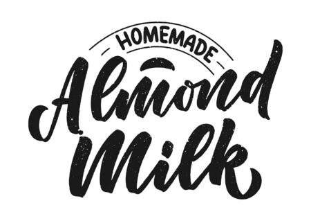 Almond milk lettering for banner and packaging design. Organic nutrition healthy food. Phrase about dairy product. Vector illustrationのイラスト素材