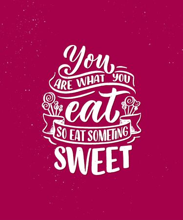 Funny saying, inspirational quote for cafe or bakery print. Embossed tape and brush calligraphy. Dessert lettering slogan in hand drawn style. Vector illustrationのイラスト素材