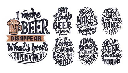 Set with lettering quotes about beer in vintage style. Calligraphic posters for t shirt print. Hand Drawn slogans for pub or bar menu design. Vectorのイラスト素材