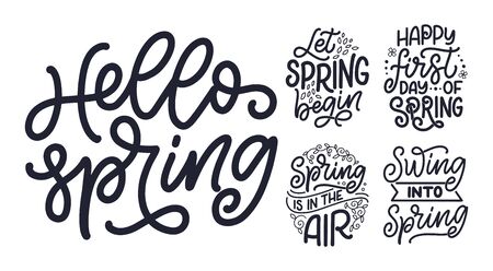 Set with Spring time lettering greeting cards. Fun season slogans. Typography posters or banners for promotion and sale design. Calligraphy prints. Vector illustrationのイラスト素材