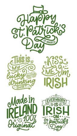 Set with St. Patrick's Day quotes, typography greeting cards template. Lettering slogans for print, t-shirt, festive design element. Vector illustrationのイラスト素材