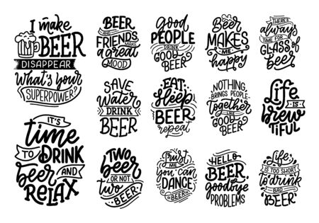 Set with lettering quotes about beer in vintage style. Calligraphic posters for t shirt print. Hand Drawn slogans for pub or bar menu design. Vector illustrationのイラスト素材