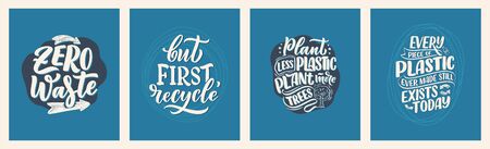 Set with lettering slogans about waste recycling. Nature concept based on reducing waste and using or reusable products. Motivational quotes for choosing eco friendly lifestyle. Vector illustrationのイラスト素材