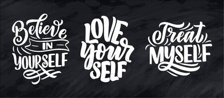 Set with selfcare lettering quotes for blog or sale. Time to something nice. Beauty, body care, premium cosmetics, delicious, ego. Modern calligraphy. Vector illustrationのイラスト素材