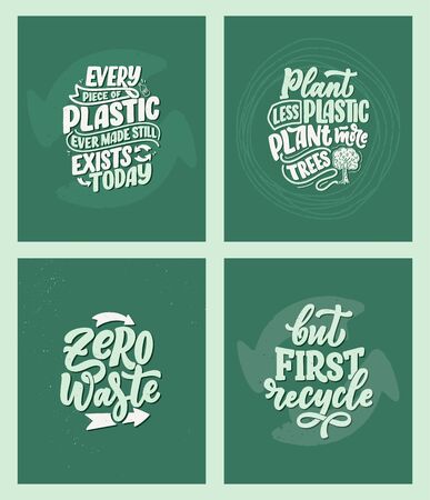 Set with lettering slogans about waste recycling. Nature concept based on reducing waste and using or reusable products. Motivational quotes for choosing eco friendly lifestyle. Vector illustrationのイラスト素材