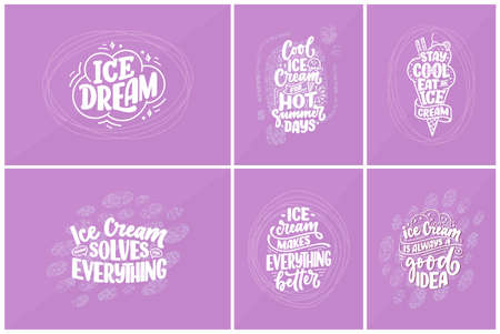 Set with hand drawn lettering compositions about Ice Cream. Funny season slogans. Isolated calligraphy quotes for summer fashion, beach party. Great design for banner, postcard, print or poster. Vector illustrationのイラスト素材