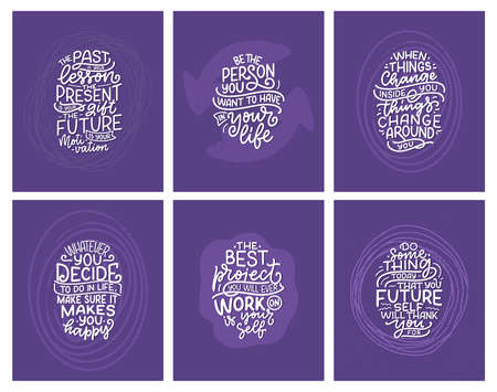 Set with lettering slogans about be yourself. Funny quotes for blog, poster and print design. Modern calligraphy texts about selfcare. Vectorのイラスト素材