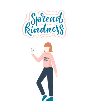 Girl character in cartoon flat style with positive lettering slogan. Minimalism female person design. Friendly concept with calligraphy phrase. Happy woman. Vectorのイラスト素材