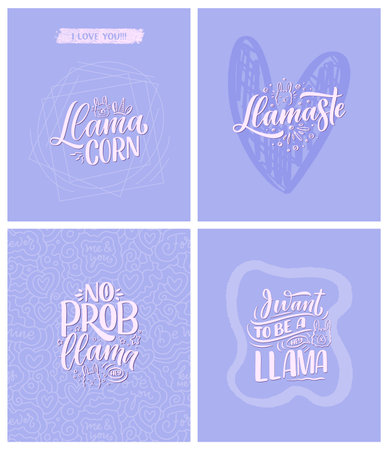 Set with funny hand drawn lettering quotes about llama. Cool phrases for print and poster design. Inspirational kids slogans. Greeting card template. Vectorのイラスト素材