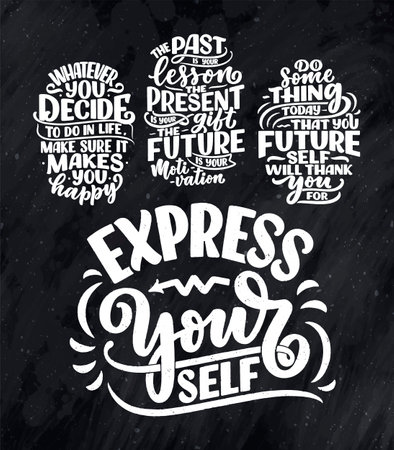 Set with lettering slogans about be yourself. Funny quotes for blog, poster and print design. Modern calligraphy texts about selfcare. Vectorのイラスト素材