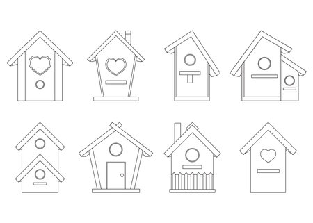 Set vector illustration wooden birdhouse, hut, small wooden house, coloring book, doodle and sketchのイラスト素材