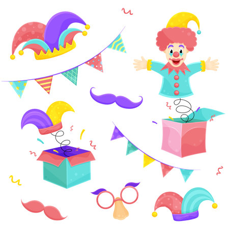 bright vector illustration set of april fools day, a surprise box, clown, party decorationsのイラスト素材