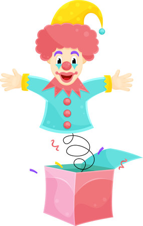 bright vector illustration of a surprise box, april fools day, clown on a springのイラスト素材