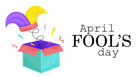 bright vector illustration card of a surprise box, april fools day, clown hatのイラスト素材