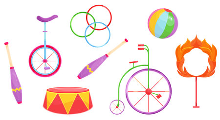bright vector illustration set of circus equipment, accessories for circus, for circus performanceのイラスト素材