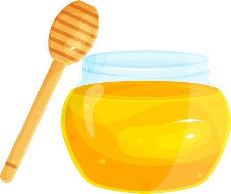 bright vector illustration of a glass jar with honey, a honey wooden spoon, a honey apiaryのイラスト素材